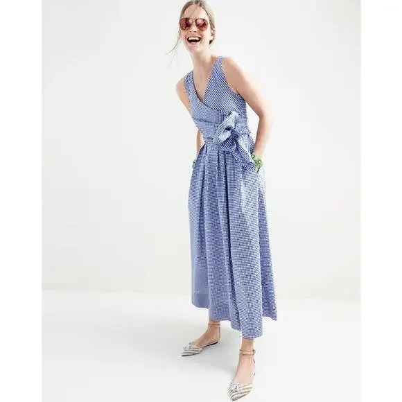 J. Crew Collection Thomas Mason Gingham Dress Navy Bow Wrap Dress 14 - Picture 1 of 12